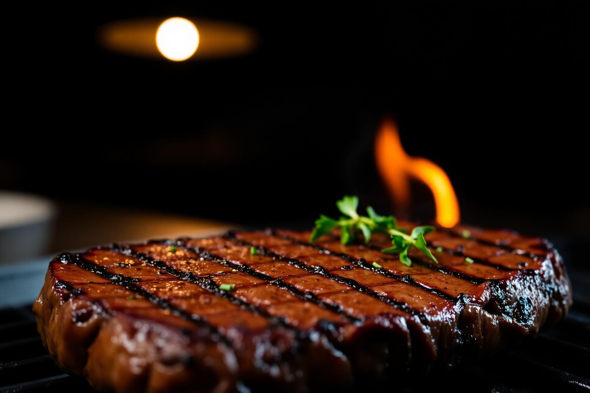 Grillad biff med flammor i bakgrunden